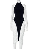 Patchwork Halter Backless Contrast Pleated Midi Dress