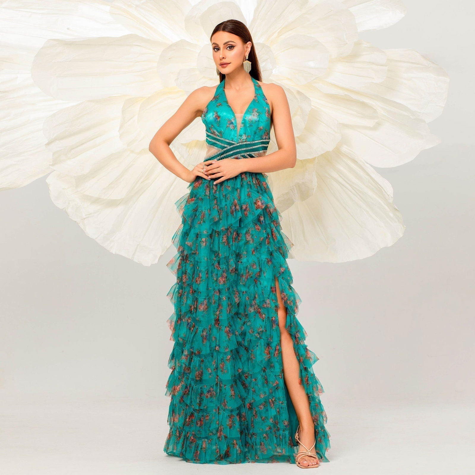 Sleeveless V neck Halter Long Floor Length Wedding Evening Dress Large Swing