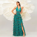 Sleeveless V neck Halter Long Floor Length Wedding Evening Dress Large Swing