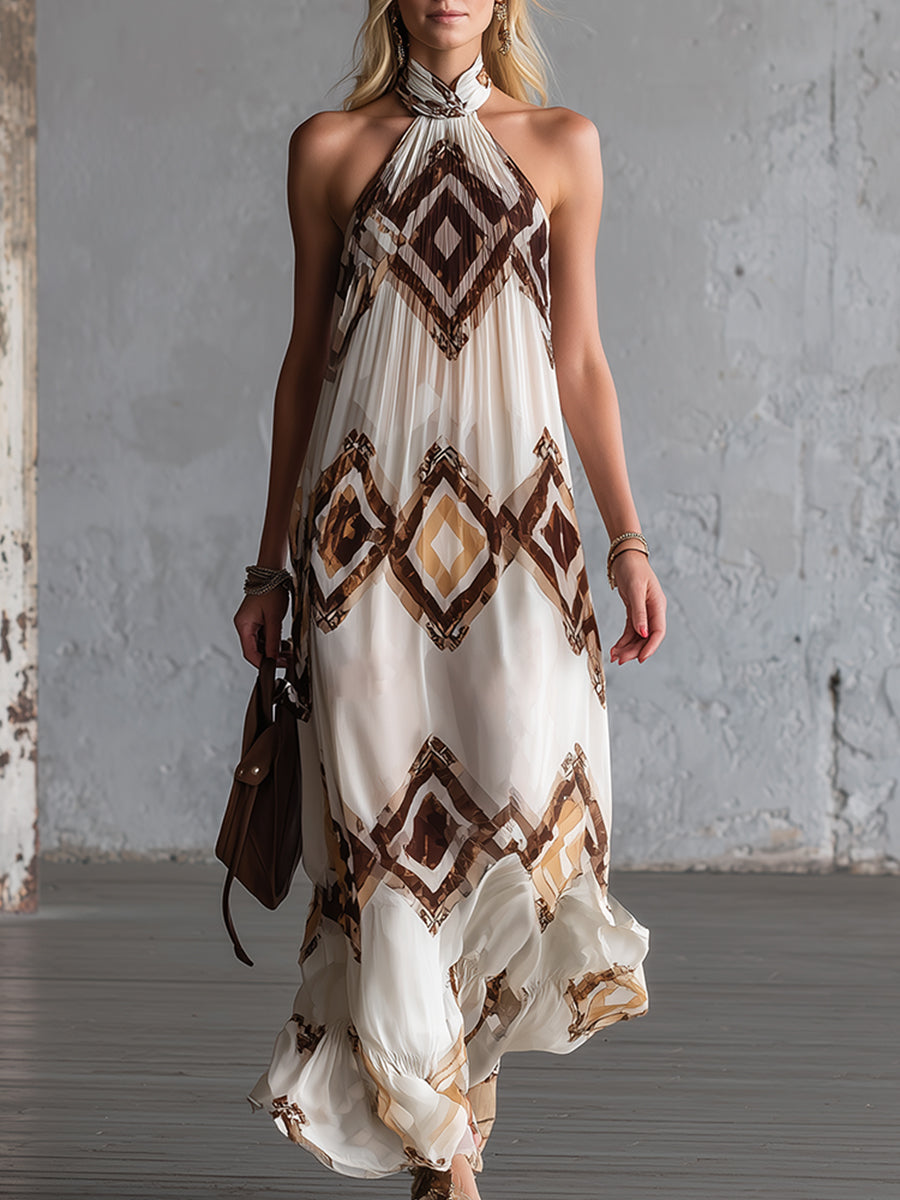 Vintage Ethnic Style Off-white Printed Halter-neck Sleeveless Maxi Dress
