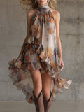 Fashionable Retro Printed Orange Chiffon Ruffle Halter Neck Sleeveless Midi Dress