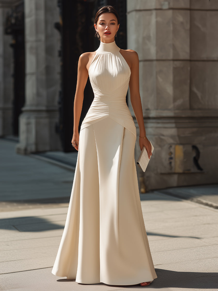 Halter Neck Draped Maxi Dress With Sculpted Waist