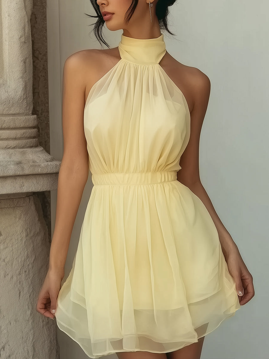 Soft Yellow Halter Neck Chiffon Mini Dress With Layered Skirt