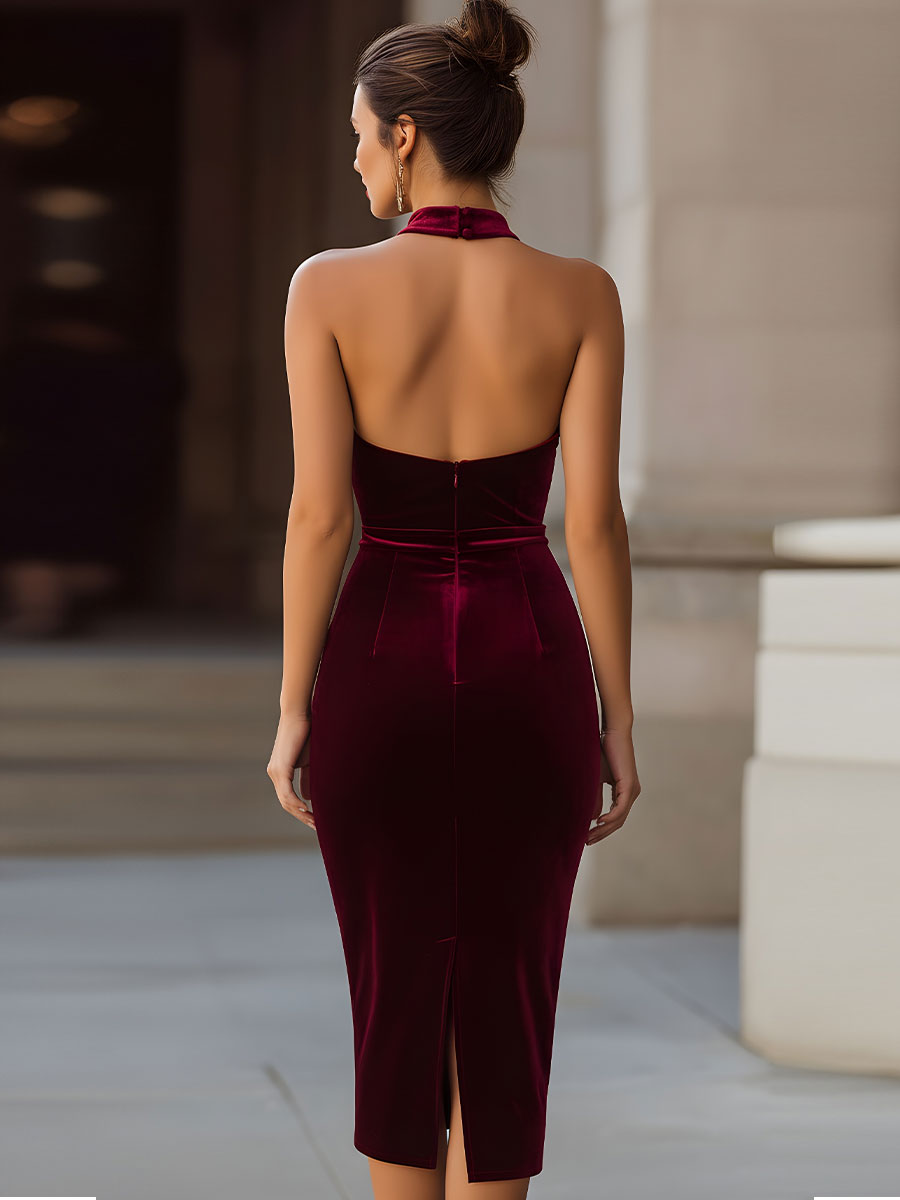 Rich Burgundy Velvet Halter-Neck Bodycon Midi Dress