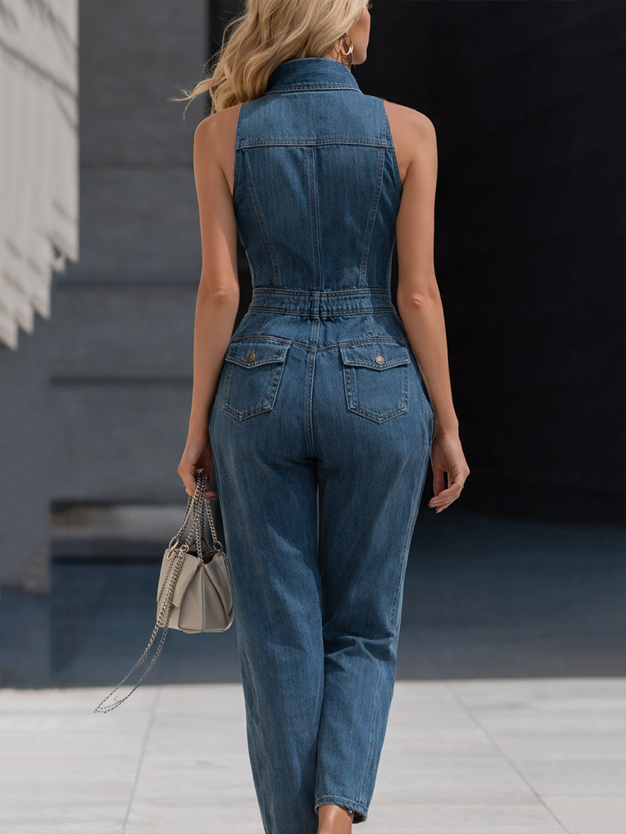 Denim Halter Neck Zip-Front Cropped-Leg Jumpsuit