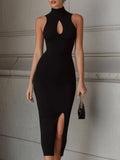 Sleek Black Halter Keyhole Midi Bodycon Dress