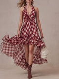 Elegant Resort-style Red Classic Plaid Halter V-neck Chiffon Maxi Dress