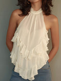 Ivory Chiffon Halter Blouse With Asymmetric Layered Ruffles