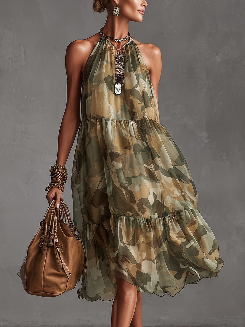 Camouflage Print Chiffon Halter Midi Dress