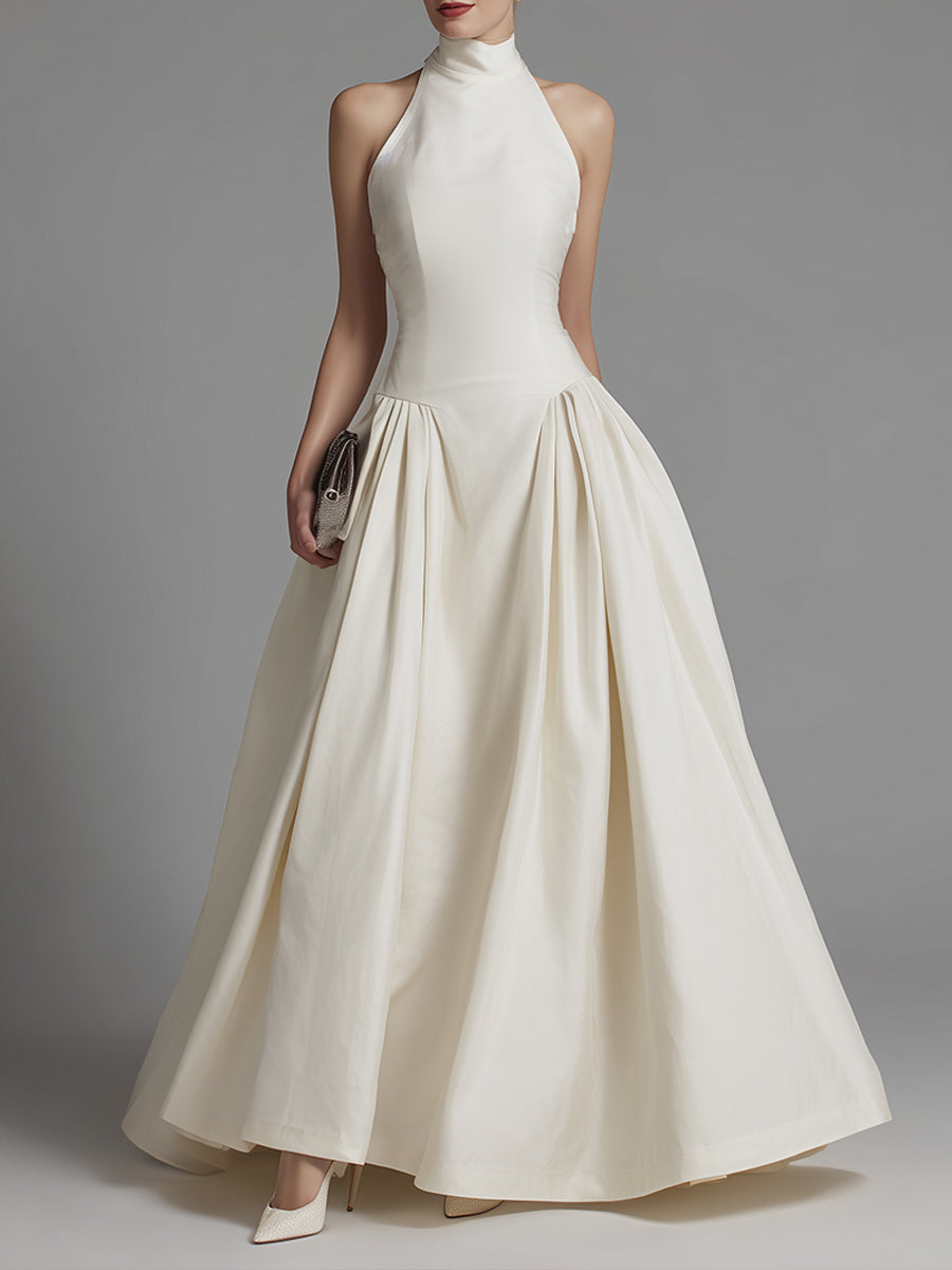 Halter Neck Fit-and-Flare Maxi Dress With Structured Pleated Skirt