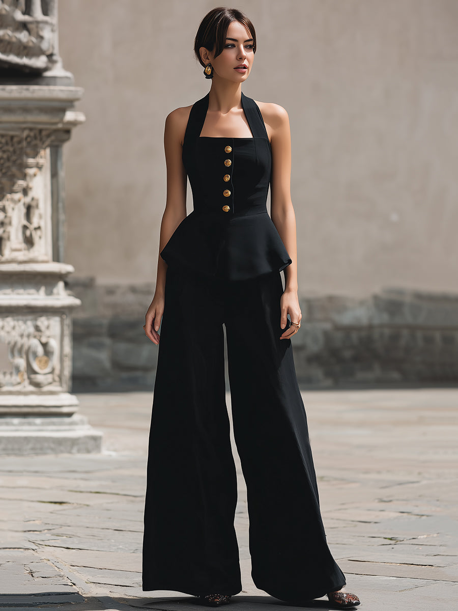 Vintage-Inspired Halter Peplum Top & Wide-Leg Trouser Two-Piece Set