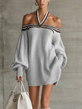 Gray Knit Off-Shoulder Halter Mini Sweater Dress