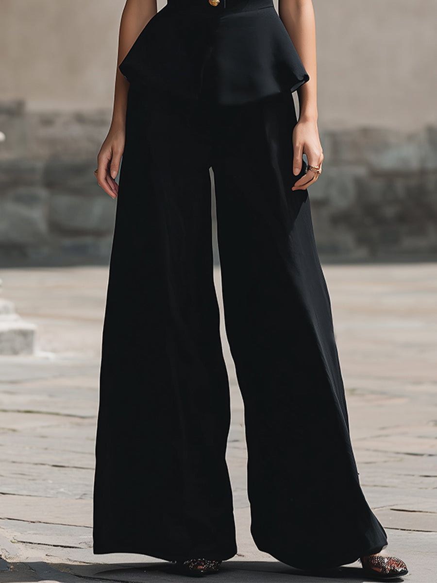 Vintage-Inspired Halter Peplum Top & Wide-Leg Trouser Two-Piece Set