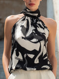 Abstract Print High-Neck Sleeveless Halter Blouse