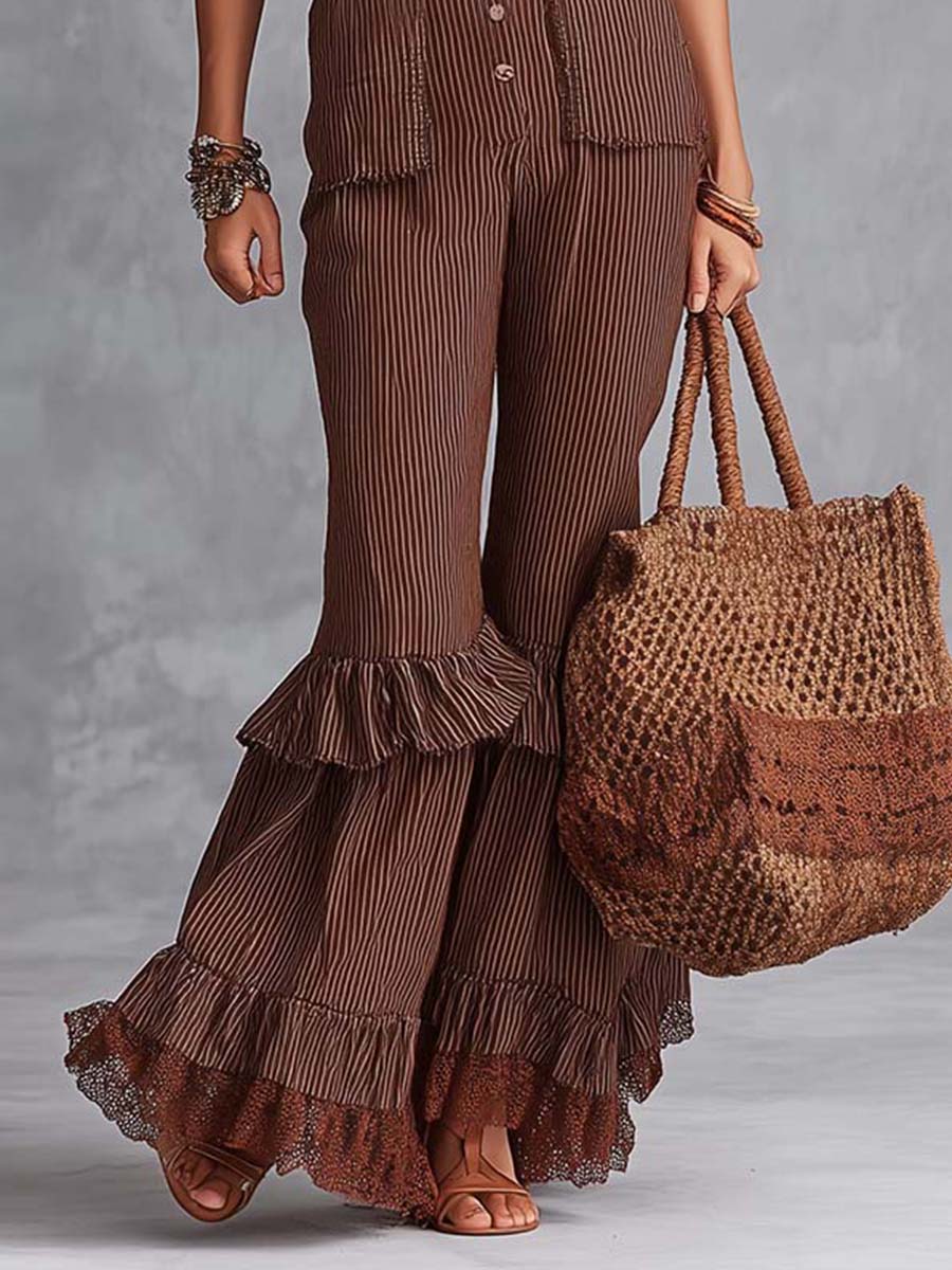 Boho Vintage Cotton Striped Ruffle Leg Halter Jumpsuit