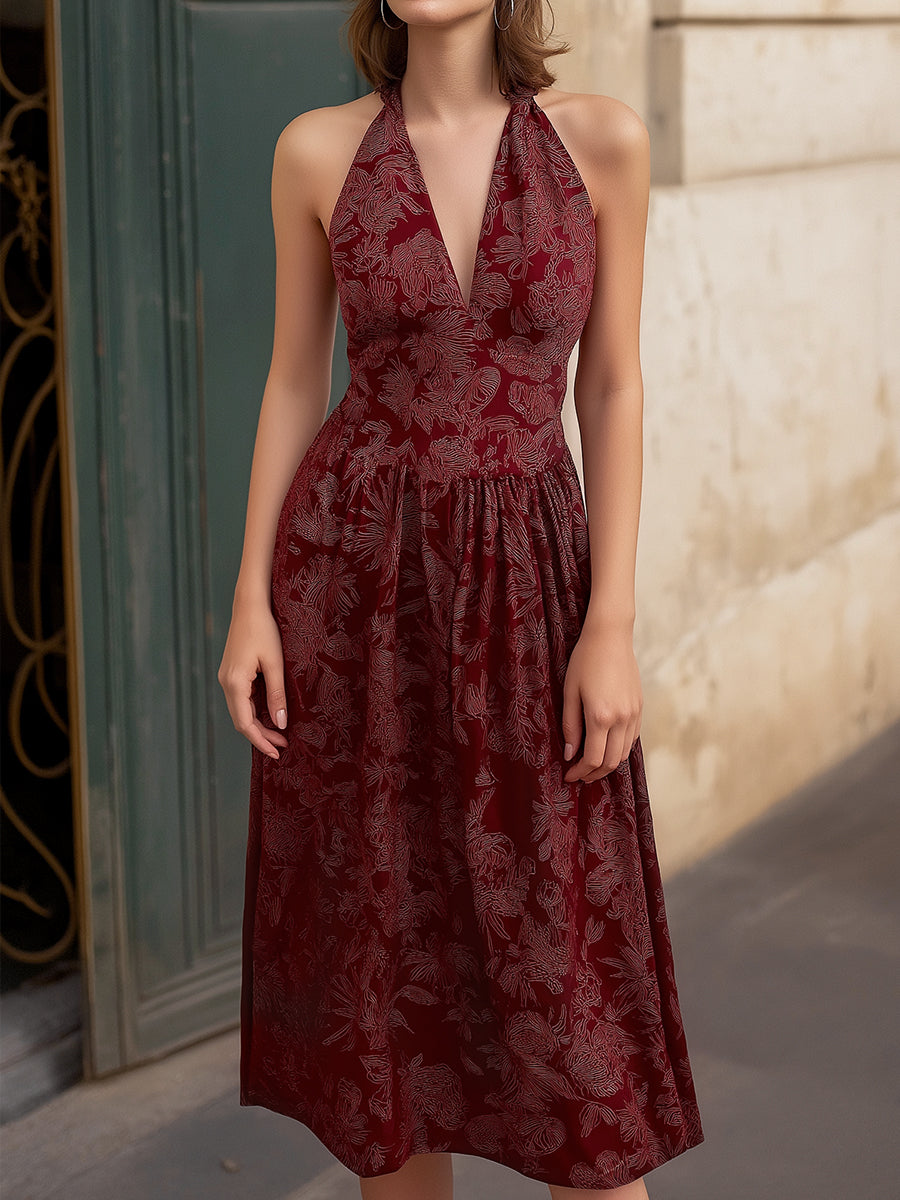 Halter V-Neck Printed Midi Dress