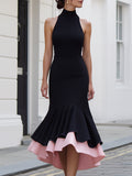 Two-Tone Halter Neck Mermaid Midi Dress With Layered Hem
