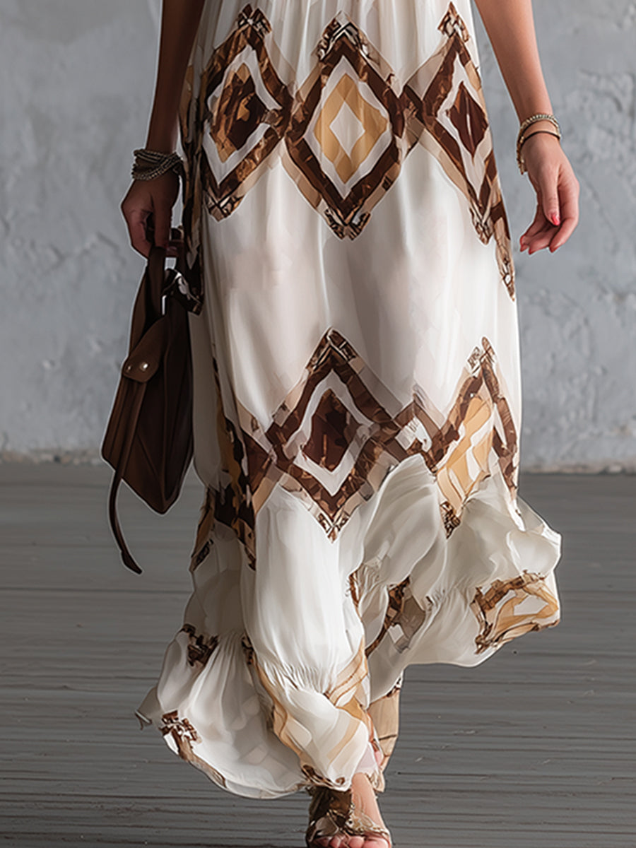 Vintage Ethnic Style Off-white Printed Halter-neck Sleeveless Maxi Dress