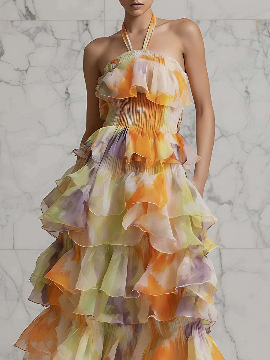 Halter Neck Tiered Ruffle Midi Dress