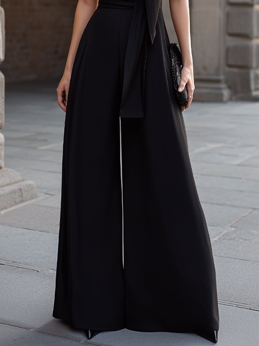 One-Shoulder Draped Halter Wide-Leg Jumpsuit