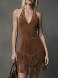Halter Neck V-neck Faux Suede Fringed Sleeveless Mini Dress
