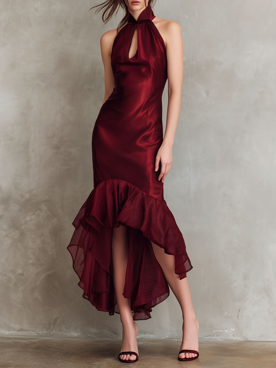 Retro Elegant Keyhole Burgundy Satin Halter High-Low Evening Gown