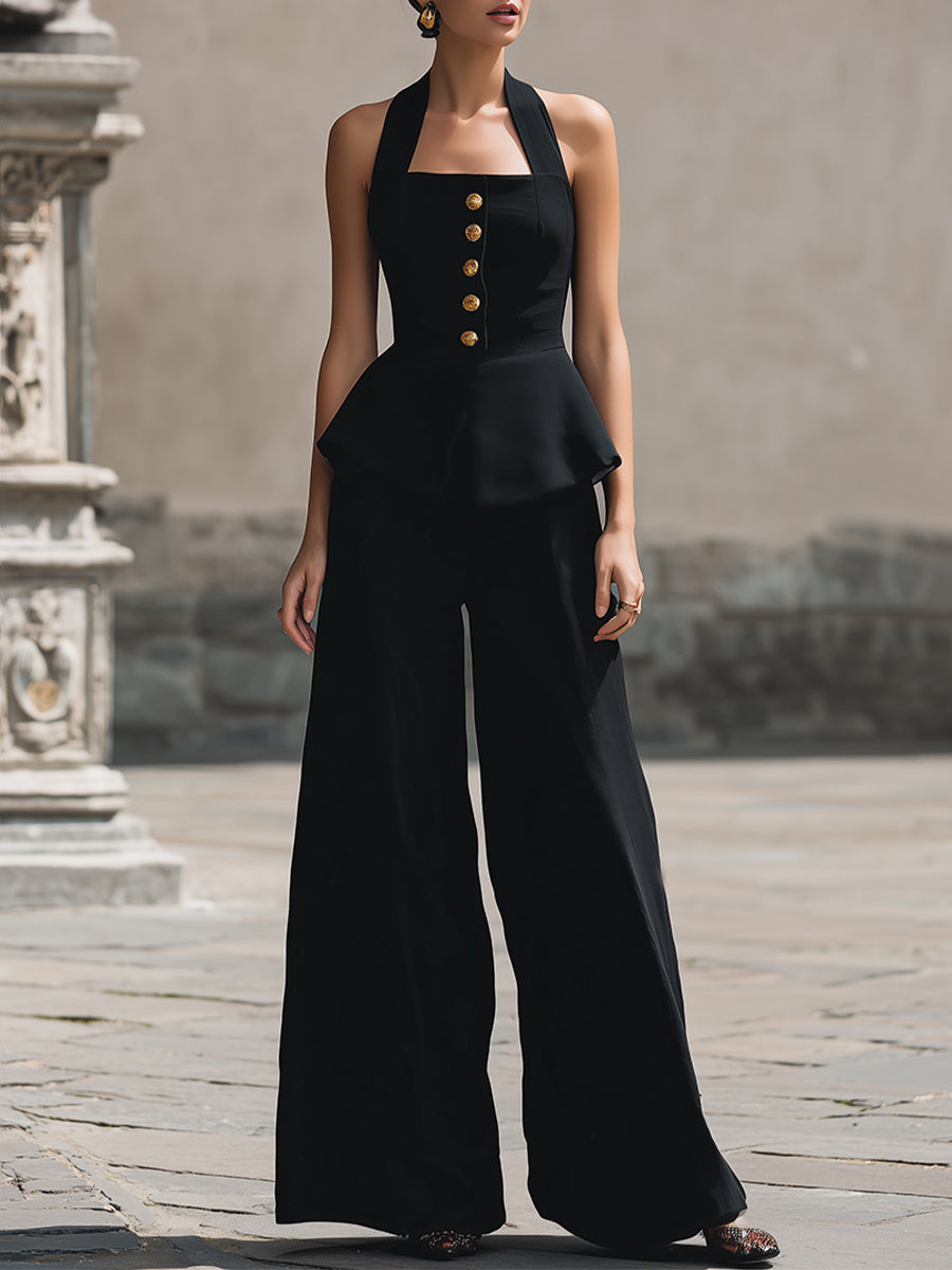 Vintage-Inspired Halter Peplum Top & Wide-Leg Trouser Two-Piece Set
