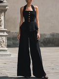 Vintage-Inspired Halter Peplum Top & Wide-Leg Trouser Two-Piece Set