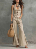 Bohemian Vintage Linen-Blend Halter Vest & Wide-Leg Pants Set