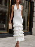 Halter Neck Tiered Ruffle Midi Dress