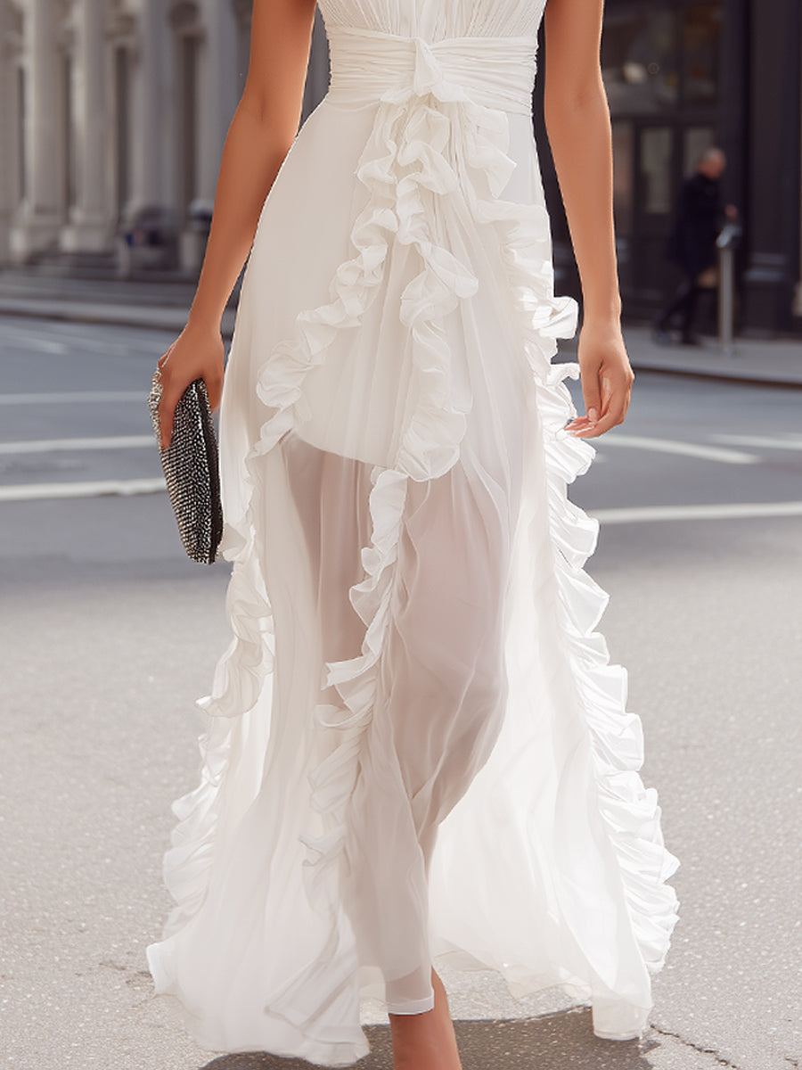 Halter Neck Ruffle Detail Maxi Dress