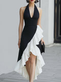 Black & White Asymmetric Ruffle Halter Gown