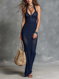 Bohemian Halter-Neck Knit Maxi Dress
