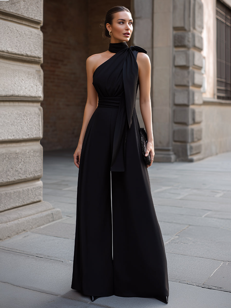 One-Shoulder Draped Halter Wide-Leg Jumpsuit