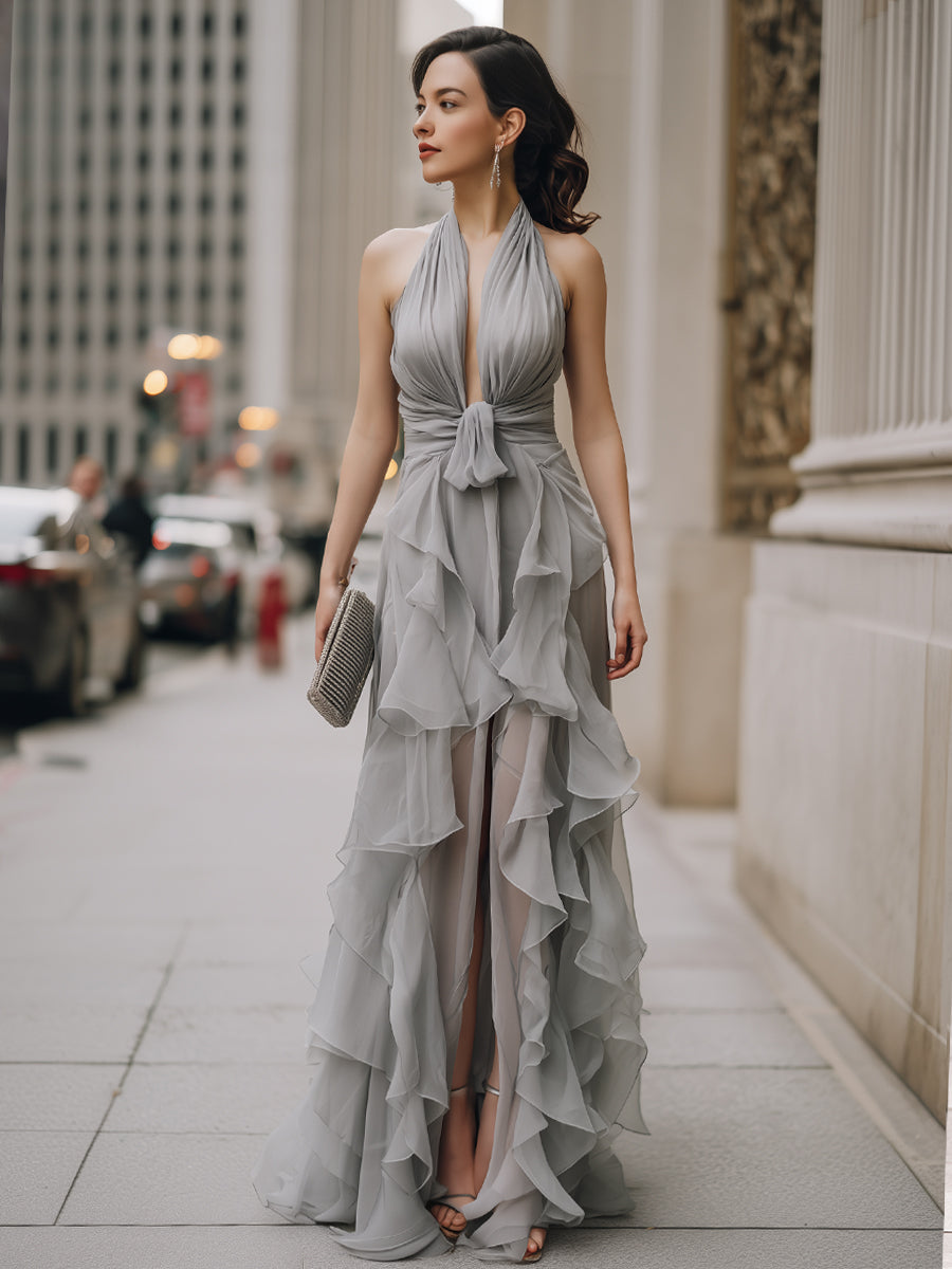 Halter Neck Draped Ruffle Maxi Dress