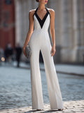 Contrast Panel Halter Neck Wide-Leg Jumpsuit