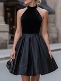 Black Velvet Halterneck Fit-and-Flare Cocktail Dress